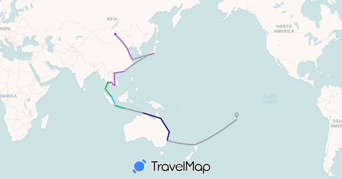 TravelMap itinerary: driving, bus, plane, train, boat in Australia, China, Hong Kong, Indonesia, Japan, Cambodia, Mongolia, New Zealand, French Polynesia, Singapore, Thailand, Vietnam (Asia, Oceania)